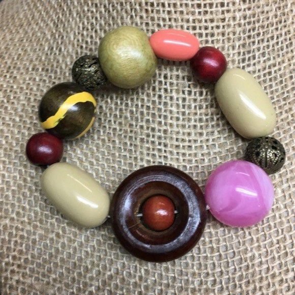 Pink Glass Marbled Bracelet Chunky Bronze Ring Wood Retro Mod Barbie Soft Girl - Picture 2 of 3